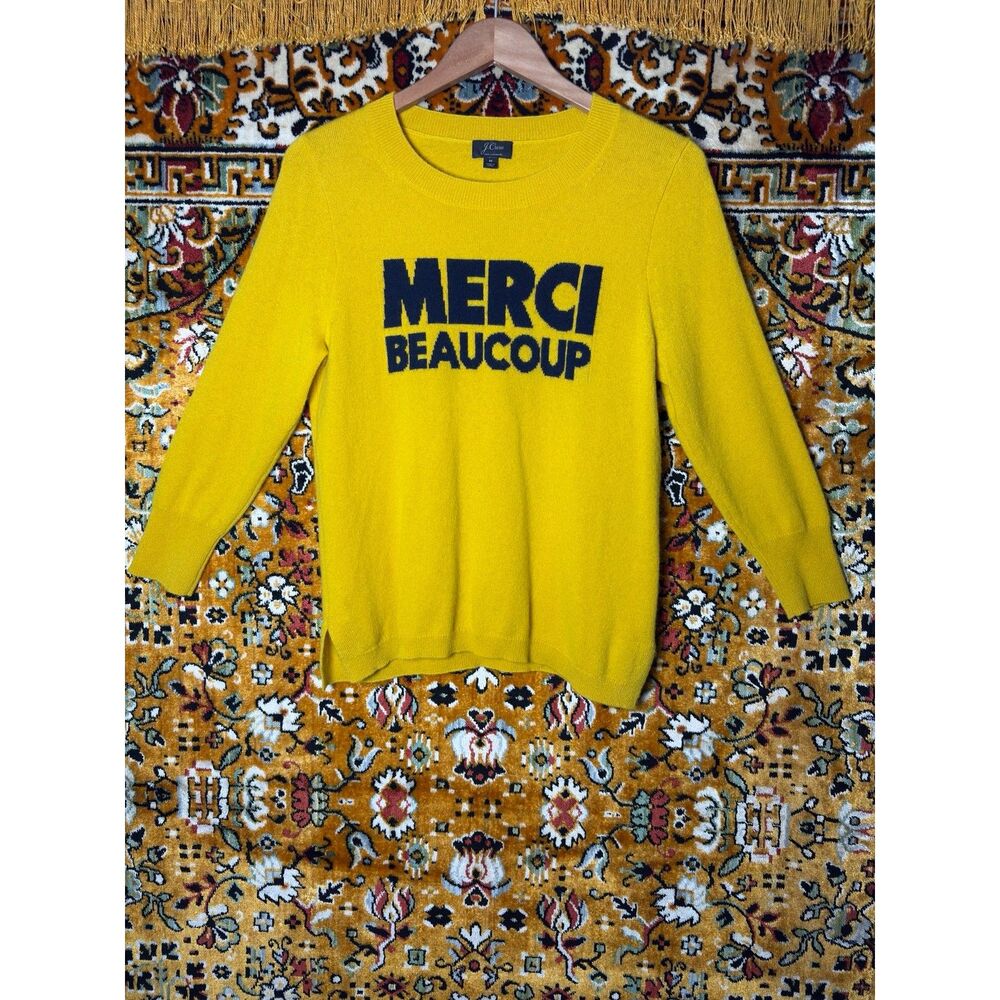 J.Crew Everyday Cashmere Crewneck Sweater Merci Beaucoup Mustard Yellow sz M